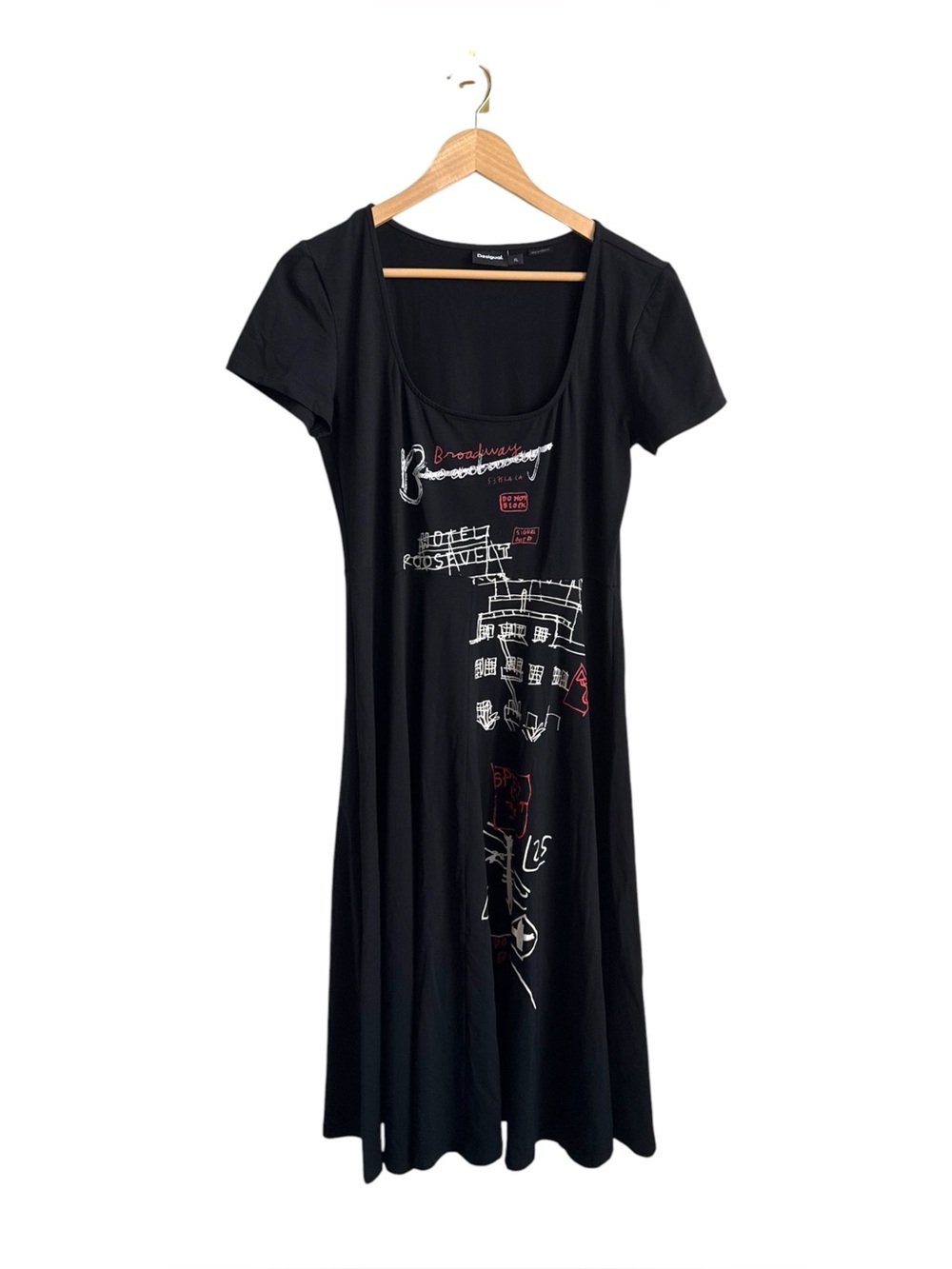 Desigual Broadway Road Arty Graphic Midi Dress Black Red Size XL